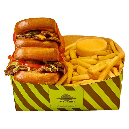 Royal Box: zwei Royal Melts mit Pommes und Sauce